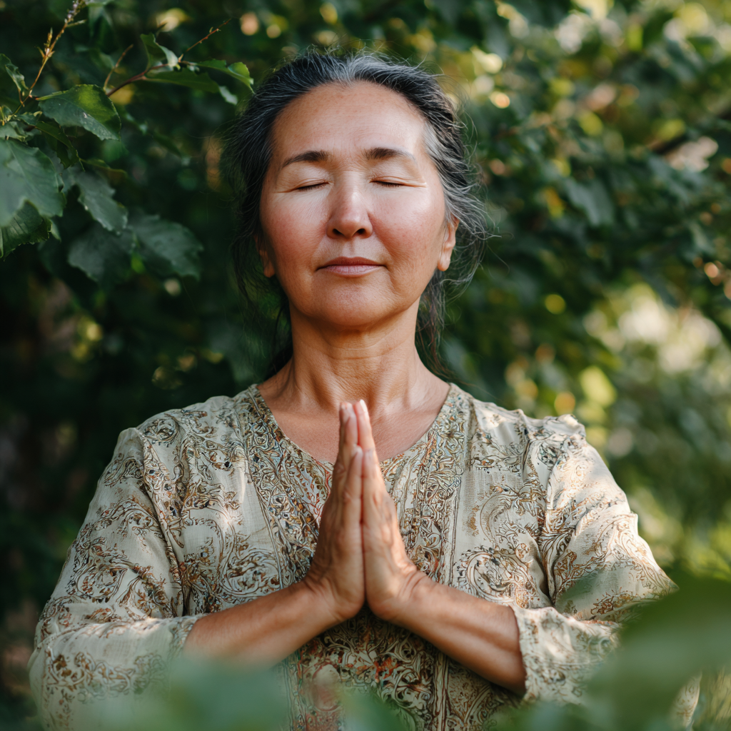 Женщина средних лет европейской внешности с мягкой улыбкой сидит в позе лотоса на белом коврике для йоги в светлой комнате с естественным освещением