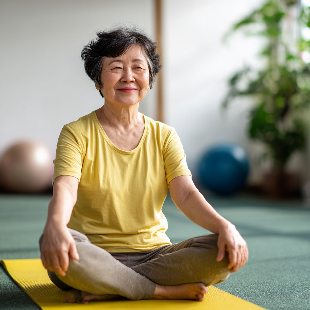 Пожилой мужчина европейской внешности с добрыми глазами выполняет дыхательную практику йоги, сидя с закрытыми глазами в медитативной позе