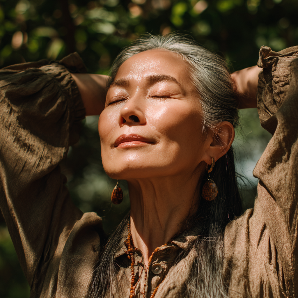 Женщина зрелого возраста европейской внешности с умиротворенным выражением лица выполняет медленную позу йоги на открытом воздухе среди зелени